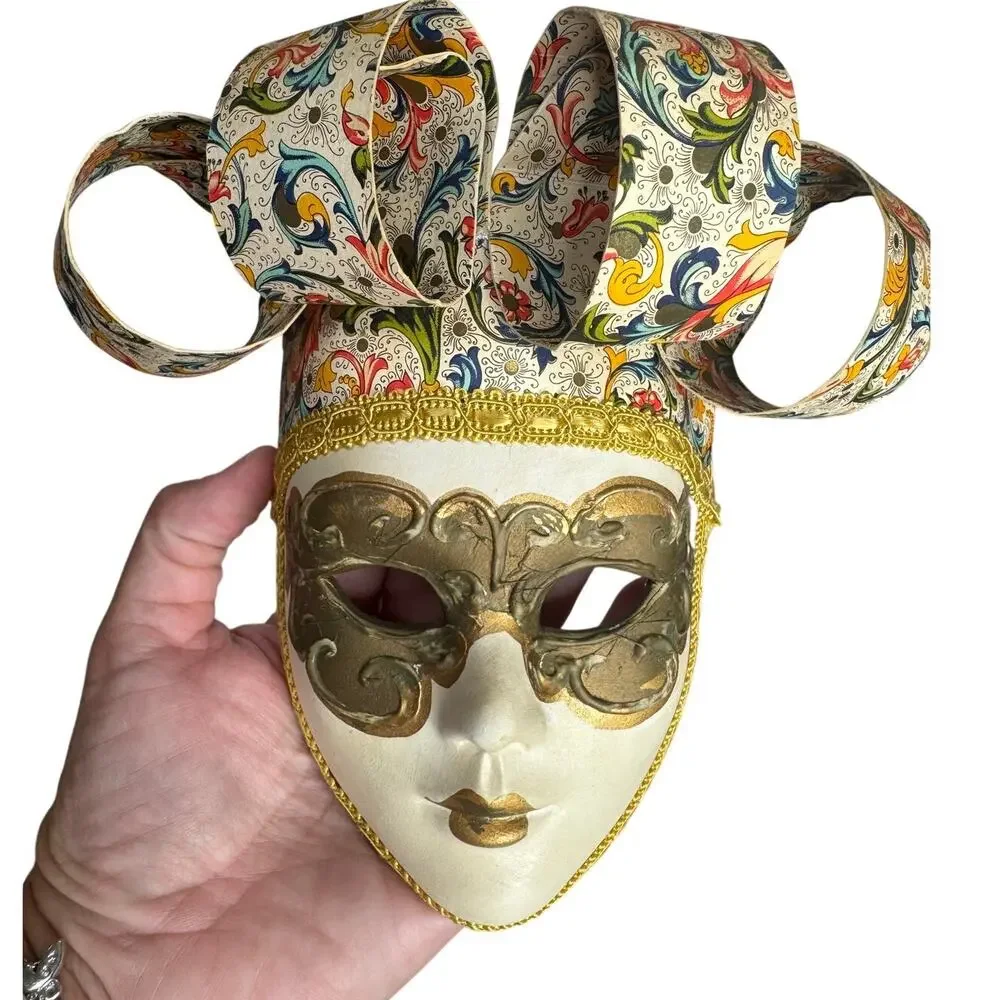 Vintage Ceramic Venetian Jester Mask Italian Style Floral Gold Wall Decor